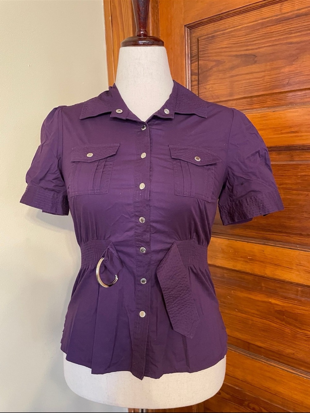 Guess Purple Short-Sleeve Button-Front Waist-Detail Shirt